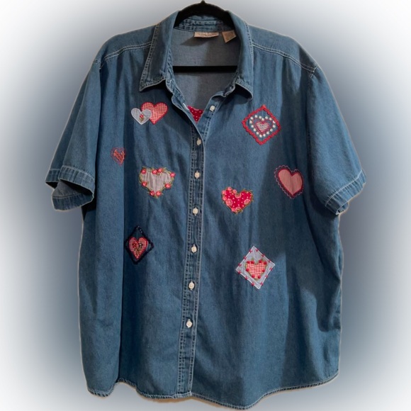 Vintage Denim Calico Short Sleeve Mock Layer Twofer Button Up Shirt Size 22/24 - Picture 2 of 13